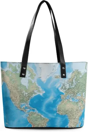 Leather Tote Bag for Women Shoulder Travel Purses Handbags World Map Aesthetic Shopping Bags Ladies