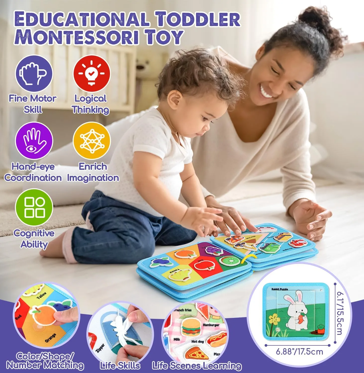 Lehoo Castle Montessori Busy Board for Toddlers 2-4, Busy Book for Toddlers 1-3, Activity Books for Airplane Car, Toys for 2 Year Old Boy Gift, Sensory Travel Toys, Preschool Busy Book (Dino)