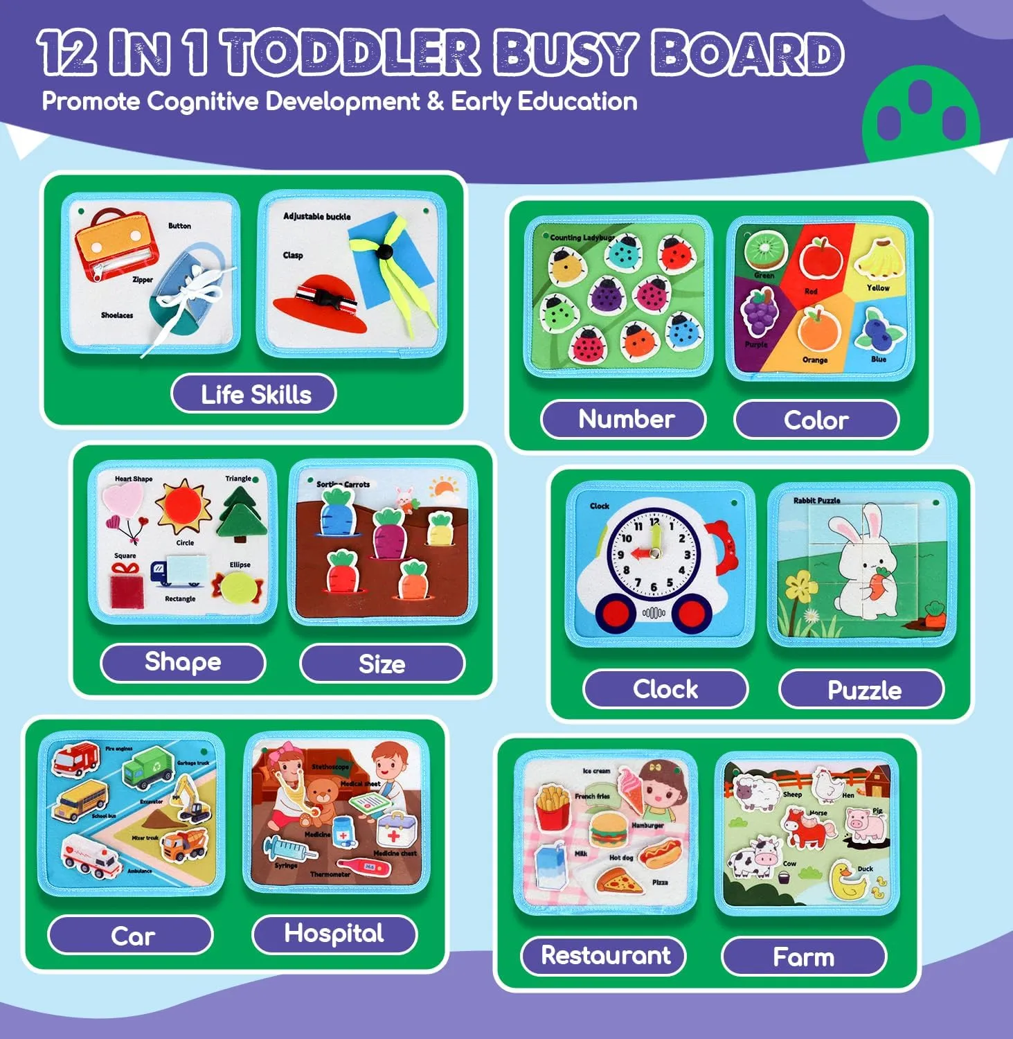 Lehoo Castle Montessori Busy Board for Toddlers 2-4, Busy Book for Toddlers 1-3, Activity Books for Airplane Car, Toys for 2 Year Old Boy Gift, Sensory Travel Toys, Preschool Busy Book (Dino)