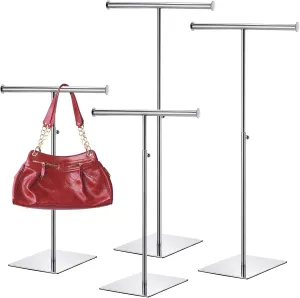 Leinuosen 4 Pcs Tabletop Purse Display Stand T Shaped Adjustable Height Purse Hanger Rack Necklace Display Stand(Silver)