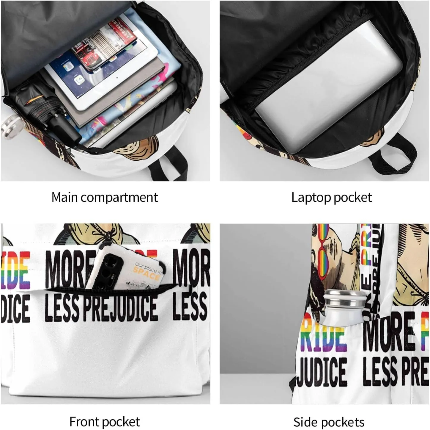 LGBT Rainbow Gay More Pride Less Prejudice 17 Inch Casual Backpack Laptop Backpacks Travel Back Pack Large Camping Rucksack Hiking Daypack Lightweight Double Shoulder Bag