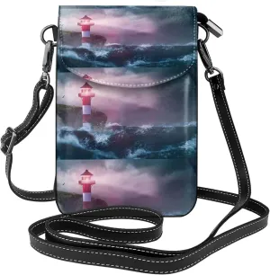 lighthouse Waves Torrential Rain Print Small Crossbody Bags for Women Leather Cell Phone Purses Mini Leather Shoulder Handbag Adjustable Strap