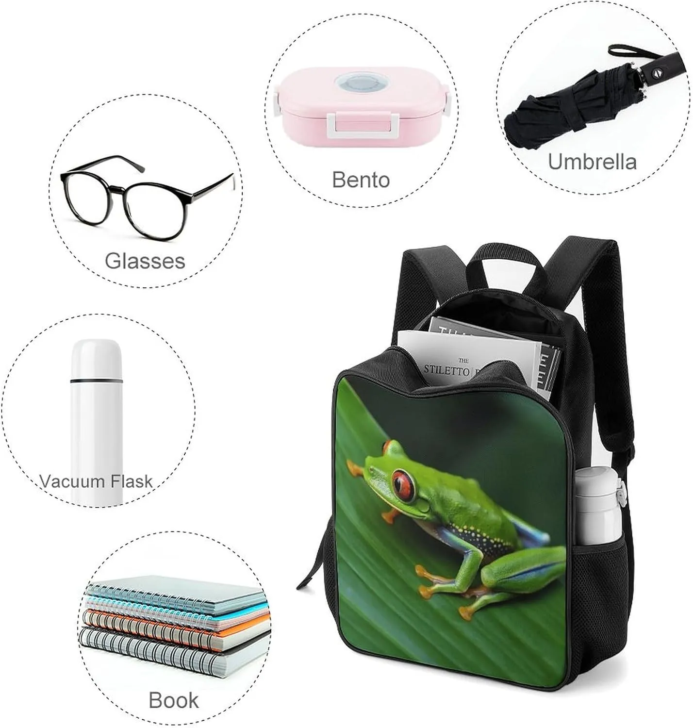 Lightweight Backpacks Cute Travel Bag Durable Animal Frog Green Leaf Leaves Printing Small Travel Backpack For Women & Men