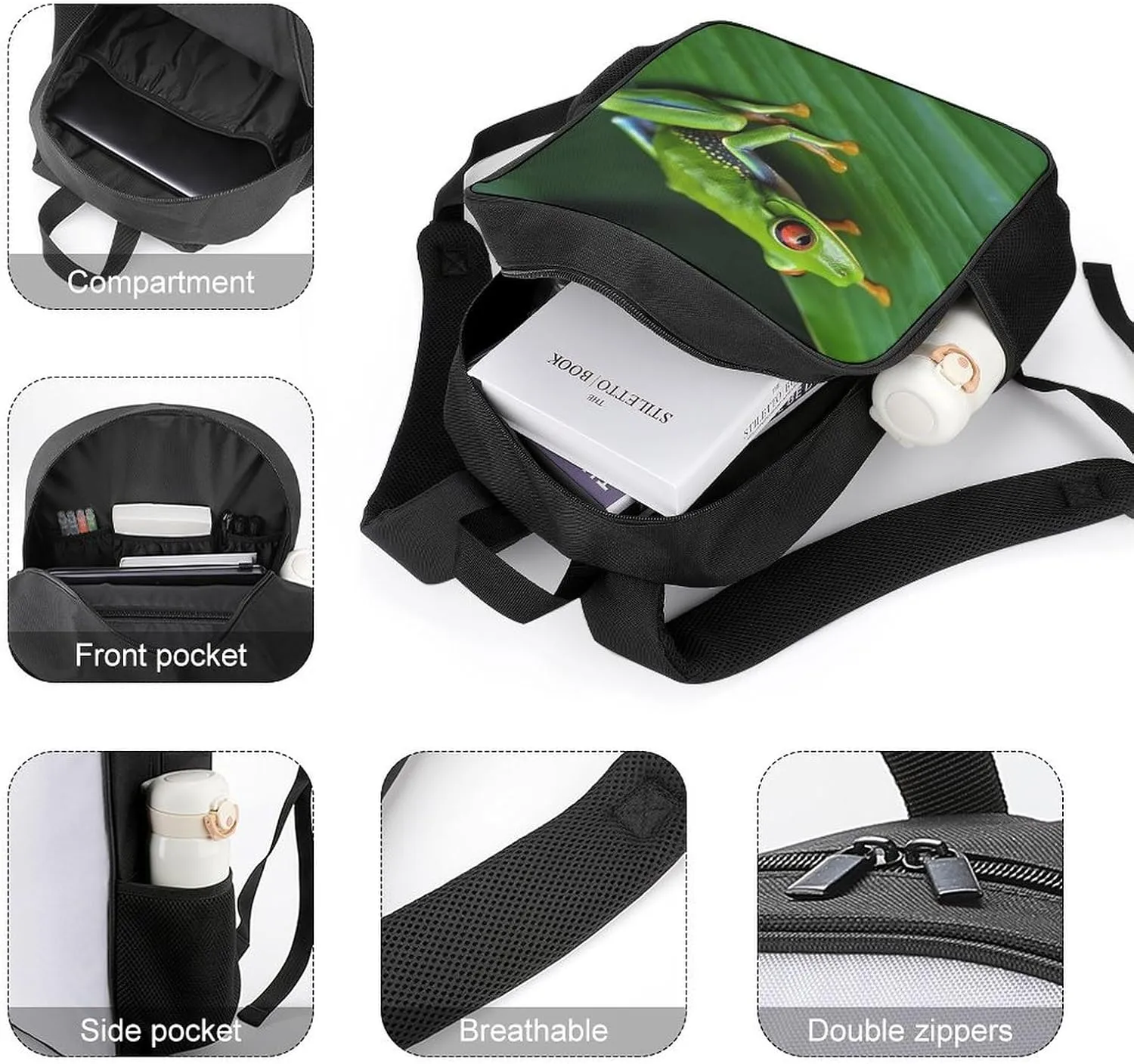 Lightweight Backpacks Cute Travel Bag Durable Animal Frog Green Leaf Leaves Printing Small Travel Backpack For Women & Men