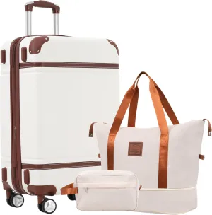Lightweight Hardshell Luggage Set with Expandable 28-Inch Suitcase, Travel Duffel, and Toiletry Bag in White