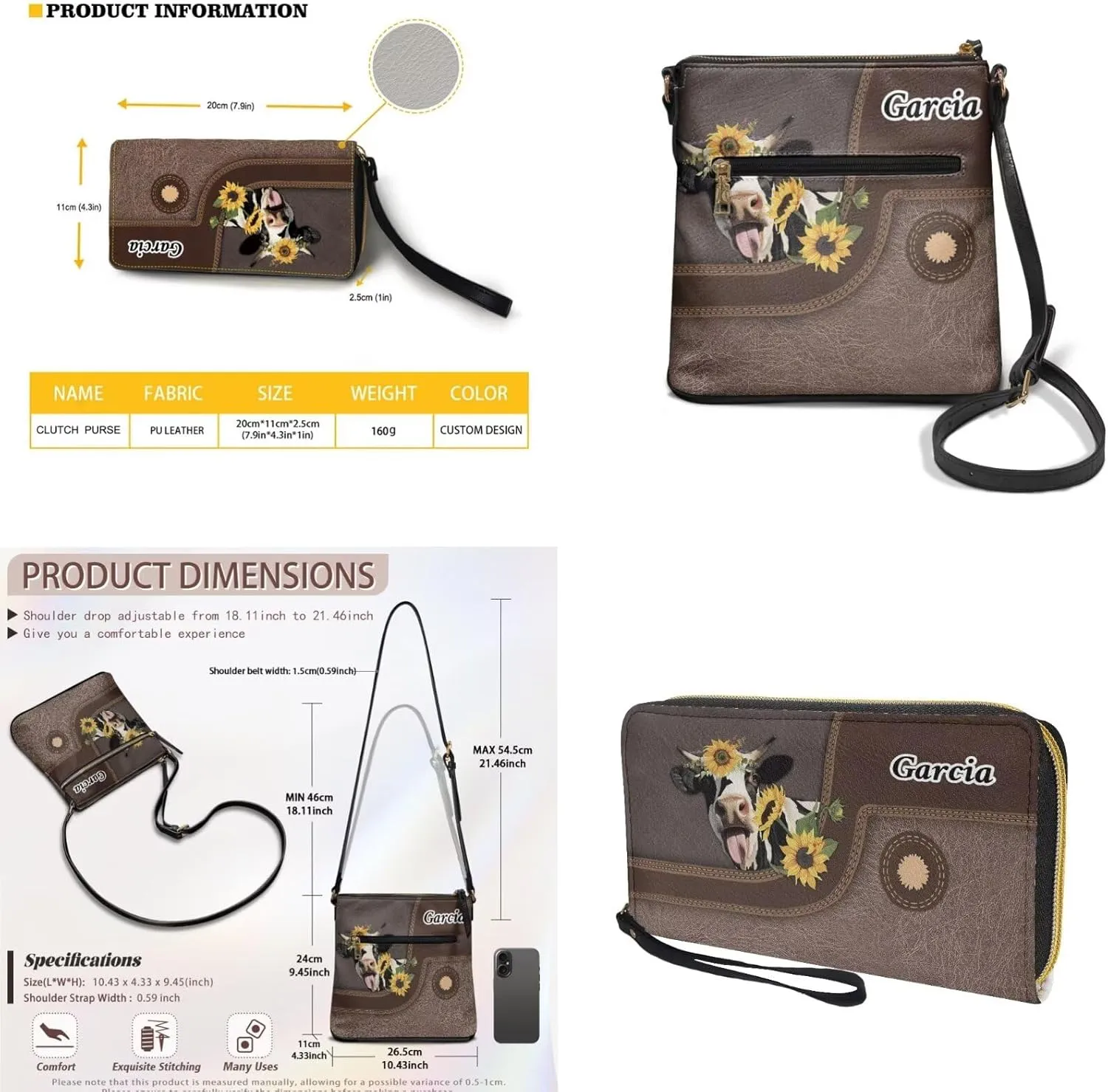 Lotusorchid Purse and Wallet Set for Women, Customized Crossbody Shoulder Purse PU Leather Hobo Bag with Adjustable Strap