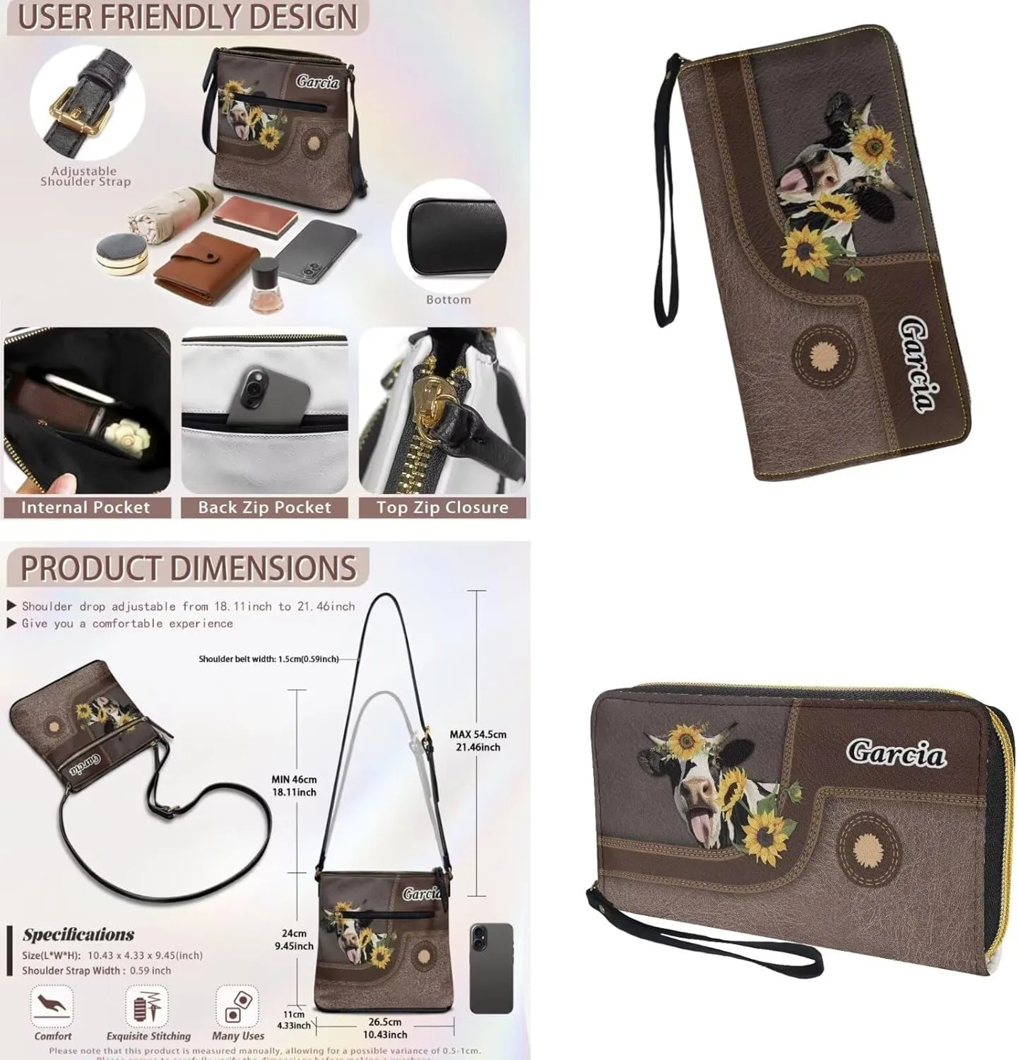 Lotusorchid Purse and Wallet Set for Women, Customized Crossbody Shoulder Purse PU Leather Hobo Bag with Adjustable Strap