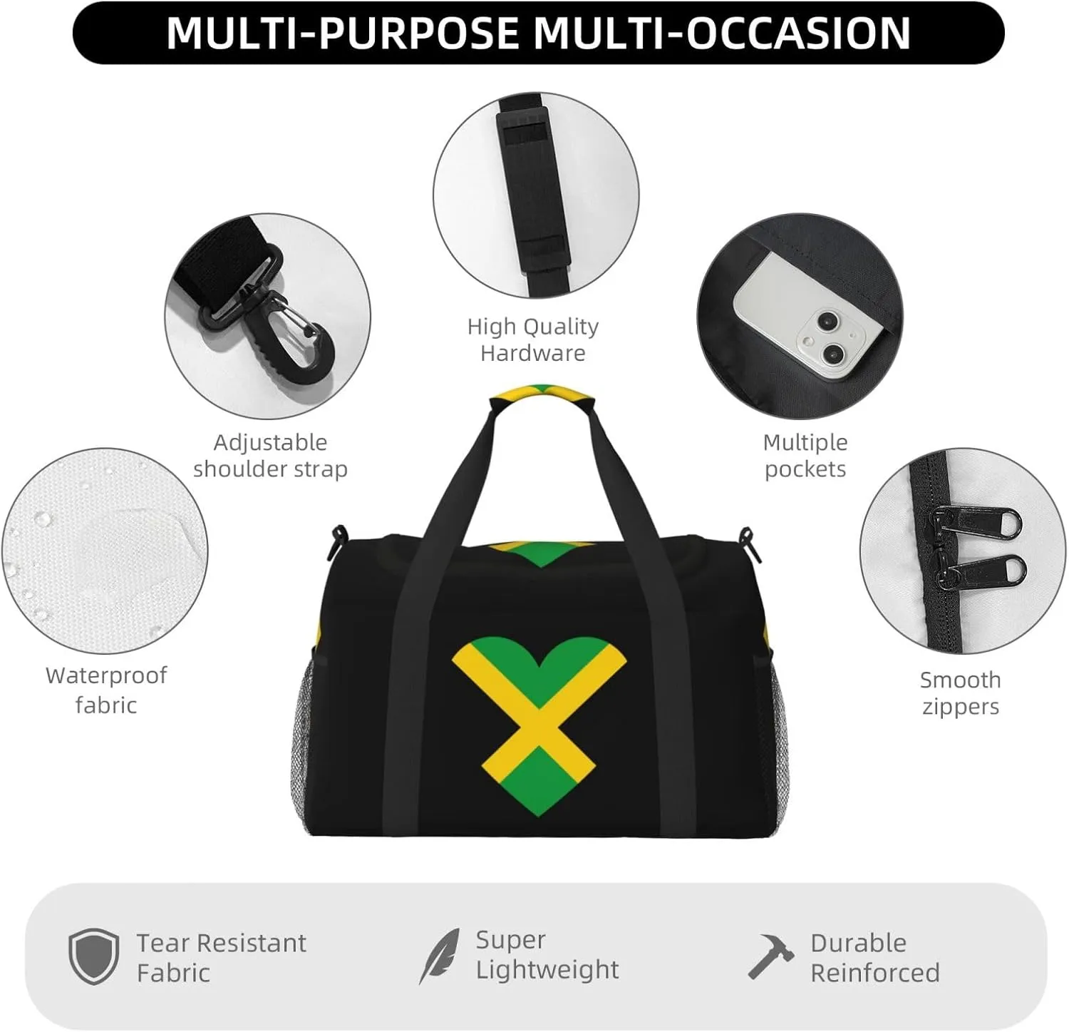 Love Jamaica Flag Travel Duffel Bag Large Foldable Waterproof Overnight Bag For Beach Swim Bags Pool Sports Gym