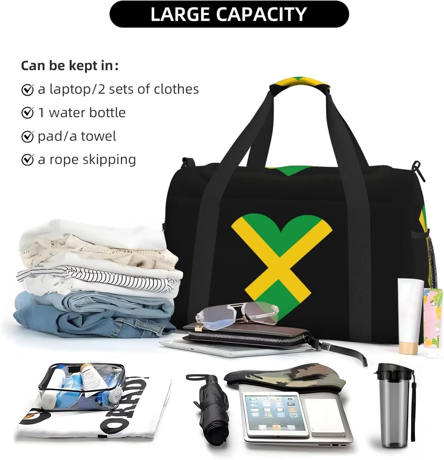 Love Jamaica Flag Travel Duffel Bag Large Foldable Waterproof Overnight Bag For Beach Swim Bags Pool Sports Gym