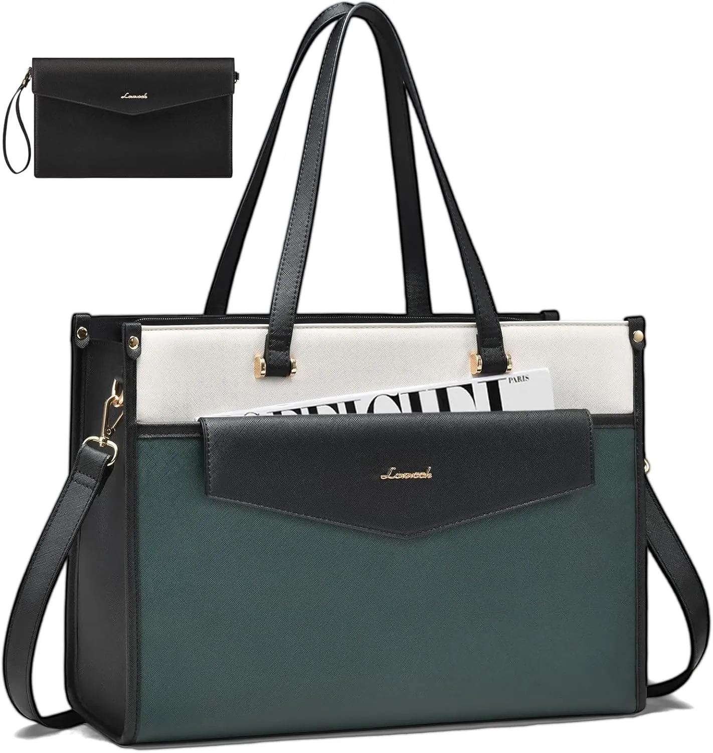LOVEVOOK Laptop Bag for Women, 15.6'' Laptop Tote Purse 2-in-1 Professional Work Bag Business Briefcase with Clutch Purse, Waterproof Leather Computer Handbag for Teacher Office Travel