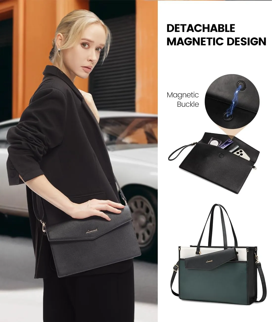 LOVEVOOK Laptop Bag for Women, 15.6'' Laptop Tote Purse 2-in-1 Professional Work Bag Business Briefcase with Clutch Purse, Waterproof Leather Computer Handbag for Teacher Office Travel