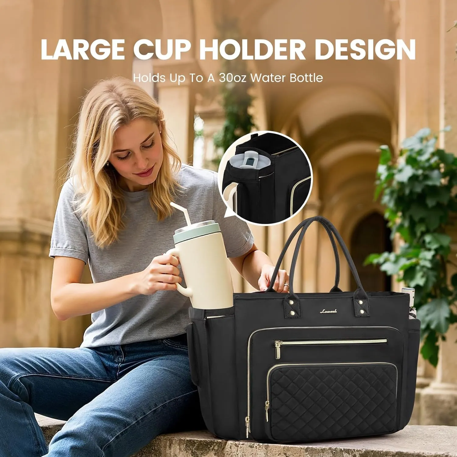 LOVEVOOK Laptop Tote Bag for Women With Large Cup Holder, Work Bags Teacher Nurse Computer Bag, 15.6 Inch Professional Briefcase Business Travel Large Purses Handbag, Diaper Bag With Multi-Pockets