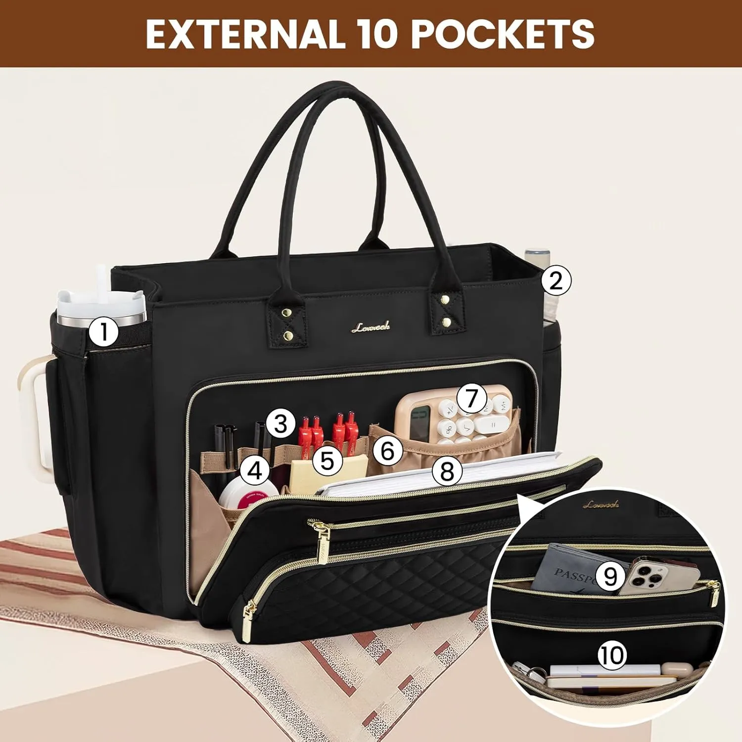 LOVEVOOK Laptop Tote Bag for Women With Large Cup Holder, Work Bags Teacher Nurse Computer Bag, 15.6 Inch Professional Briefcase Business Travel Large Purses Handbag, Diaper Bag With Multi-Pockets