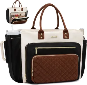 LOVEVOOK Teacher Tote Bag for Women Work, Laptop Bag With Large Cup Holder, Nurse Bags Professional Briefcase Business Computer Purses Handbag, Black-Beige-Brown, 15.6 Inch