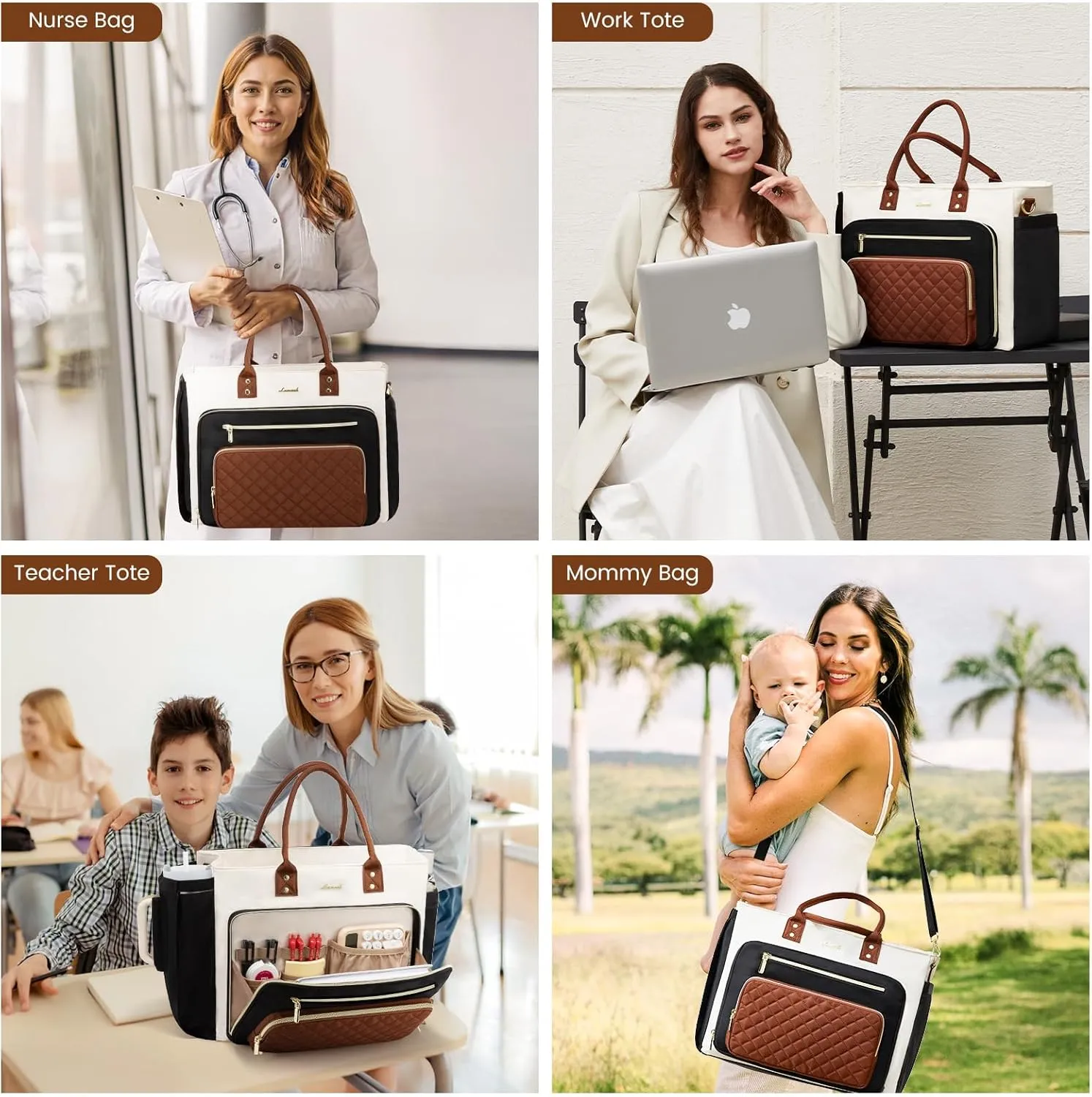 LOVEVOOK Teacher Tote Bag for Women Work, Laptop Bag With Large Cup Holder, Nurse Bags Professional Briefcase Business Computer Purses Handbag, Black-Beige-Brown, 15.6 Inch