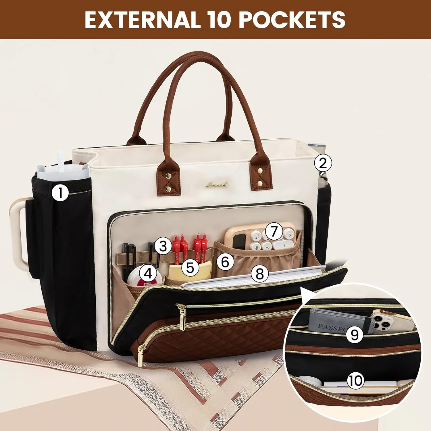 LOVEVOOK Teacher Tote Bag for Women Work, Laptop Bag With Large Cup Holder, Nurse Bags Professional Briefcase Business Computer Purses Handbag, Black-Beige-Brown, 15.6 Inch