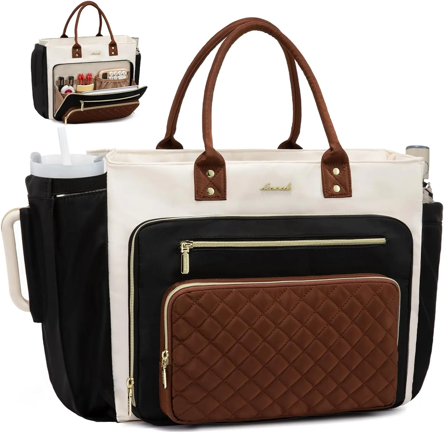 LOVEVOOK Teacher Tote Bag for Women Work, Laptop Bag With Large Cup Holder, Nurse Bags Professional Briefcase Business Computer Purses Handbag, Black-Beige-Brown, 15.6 Inch