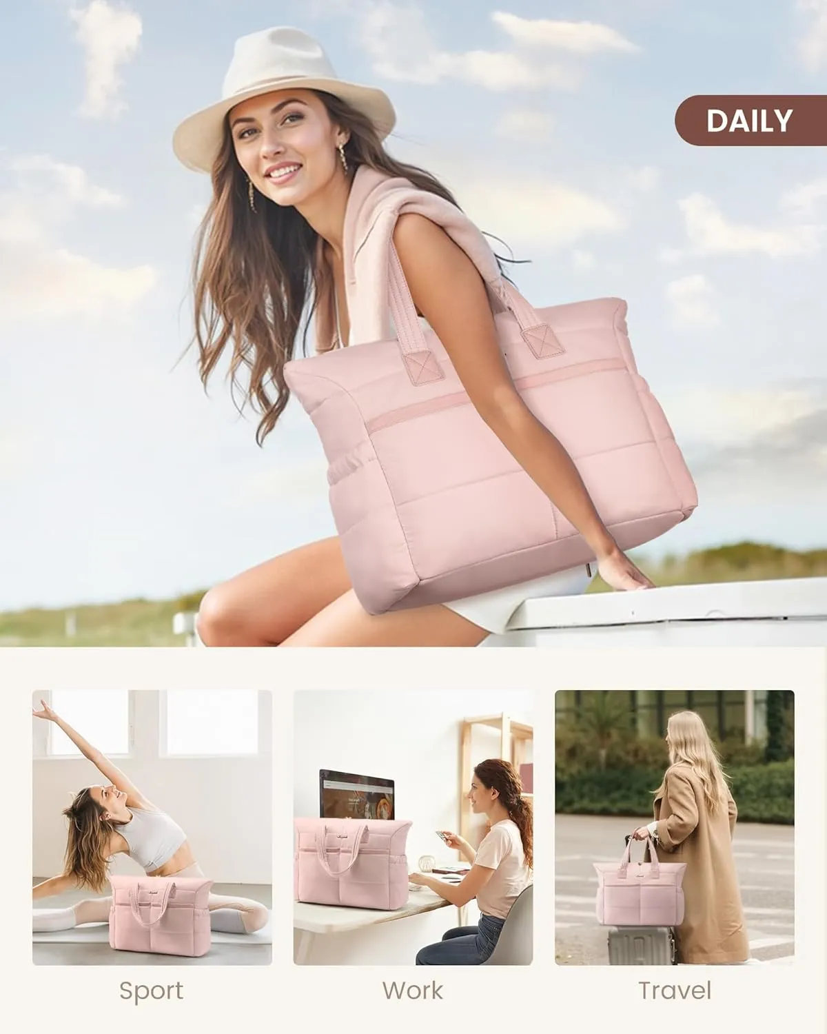 LOVEVOOK Tote Bag for Women,Light Puffer Tote Bag with Multi-pockets,Stylish Carry on Laptop Bags for Daily,Travel,Work,Gym