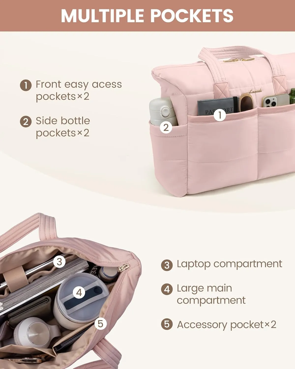 LOVEVOOK Tote Bag for Women,Light Puffer Tote Bag with Multi-pockets,Stylish Carry on Laptop Bags for Daily,Travel,Work,Gym