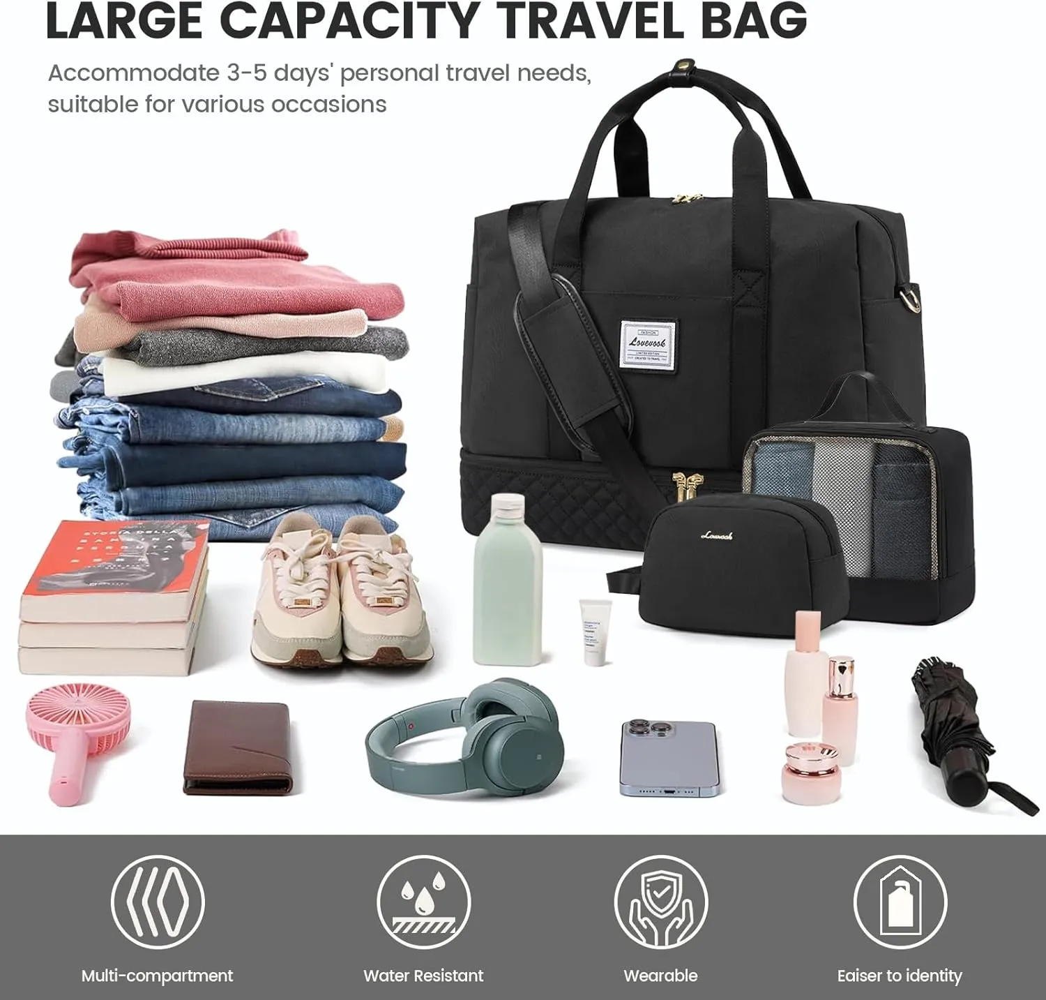 LOVEVOOK Travel Duffel Bag, 21inch Weekender Bags for Women with Shoe Compartment，45L Carry on Overnight Bag with Toiletry Bag