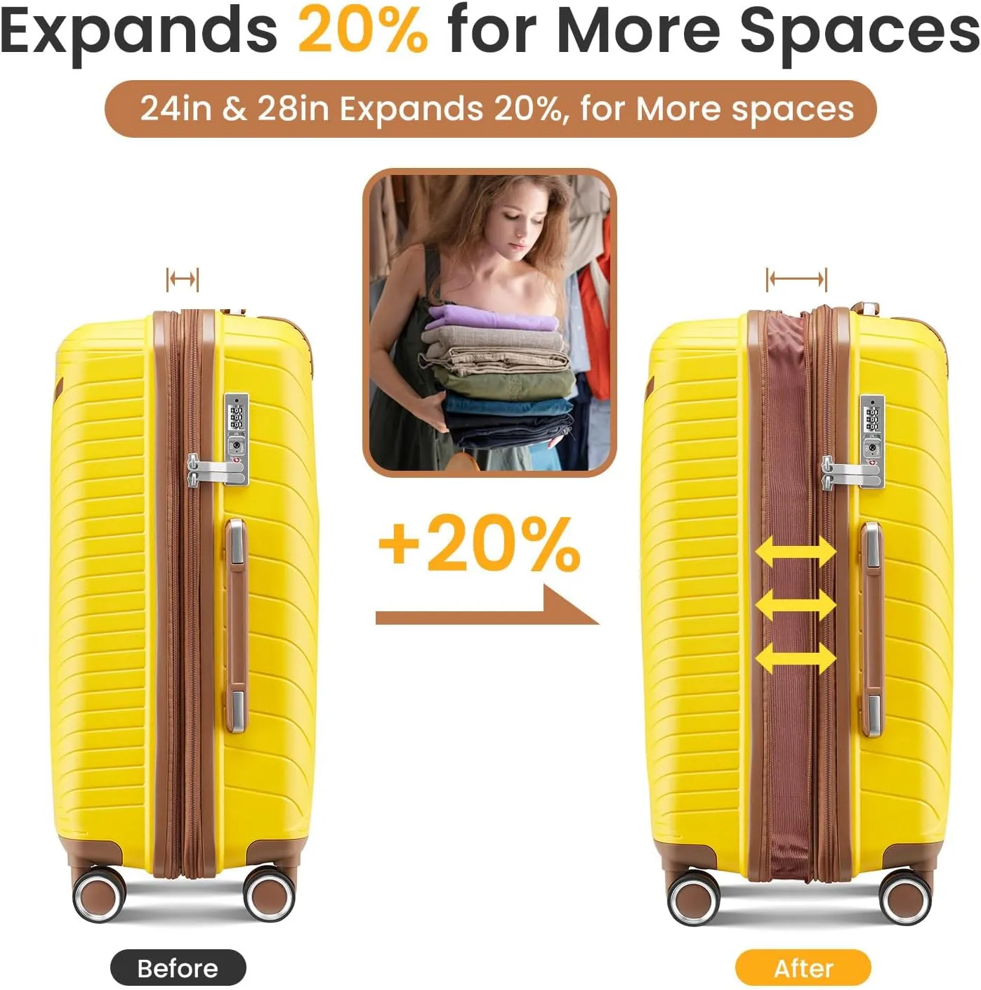 Luggage Sets 4 Piece Expandable Suitcase Set, PP Hardshell Suitcase with Spinner Wheels,Lightweight Carry On Luggage with TSA Lock for Women (08 Yellow)