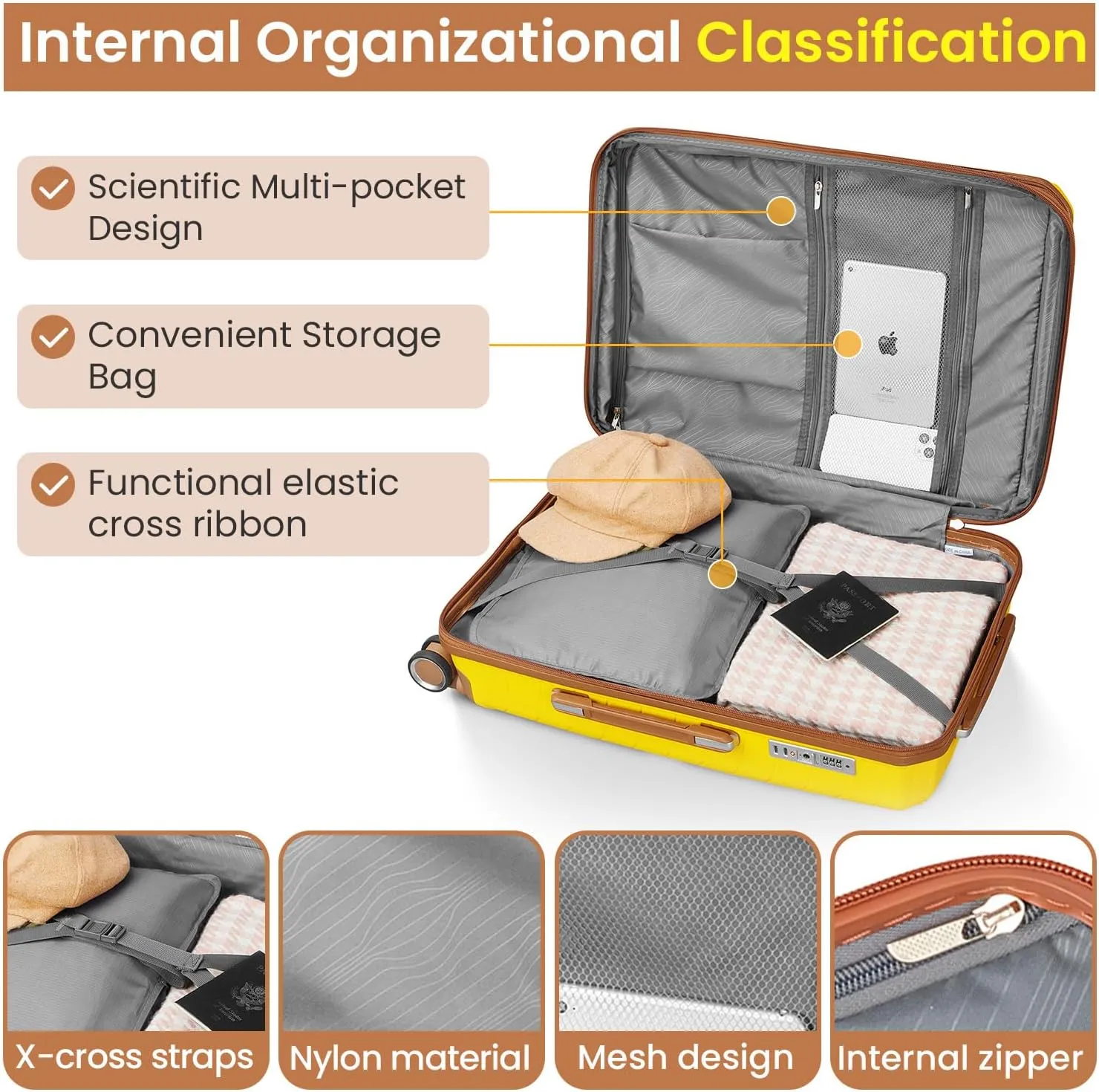 Luggage Sets 4 Piece Expandable Suitcase Set, PP Hardshell Suitcase with Spinner Wheels,Lightweight Carry On Luggage with TSA Lock for Women (08 Yellow)