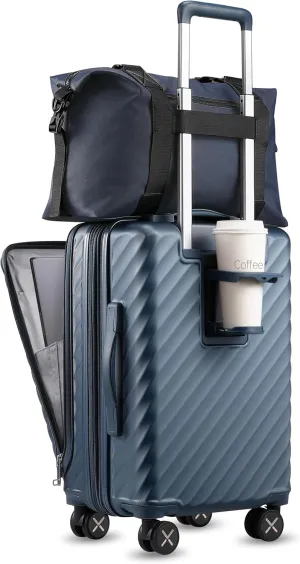 LUGGEX Carry On Luggage with Compartment and Cup Holder, Expandable PC Hard Shell Suitcase with Front Pocket (Midnight Blue, 2-Piece (20/Tote))