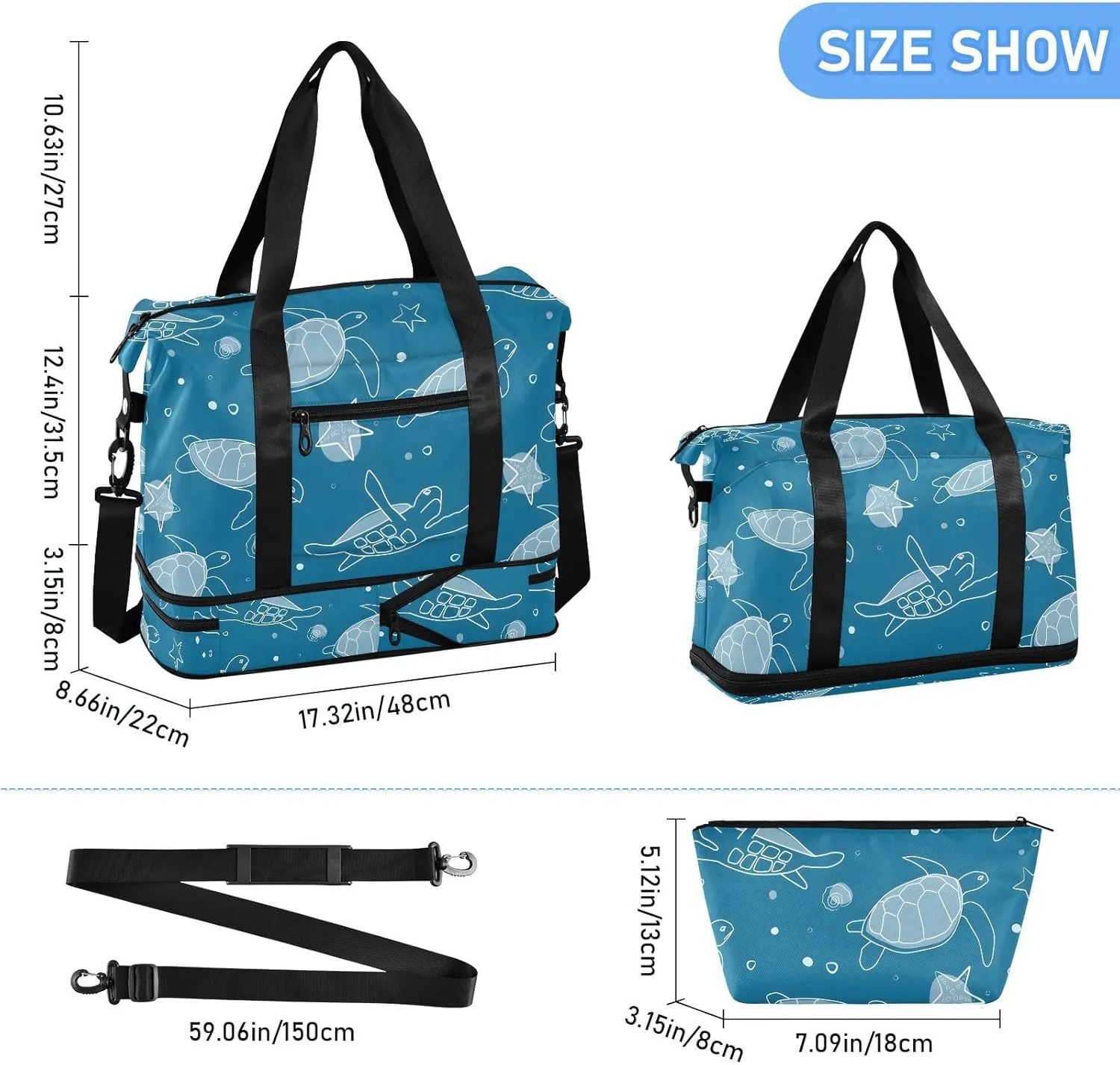 Marine Animals Sea Turtle Sneaker Bag for Travel Expandable Athletic Bag for Women, Carry on Bag Women
