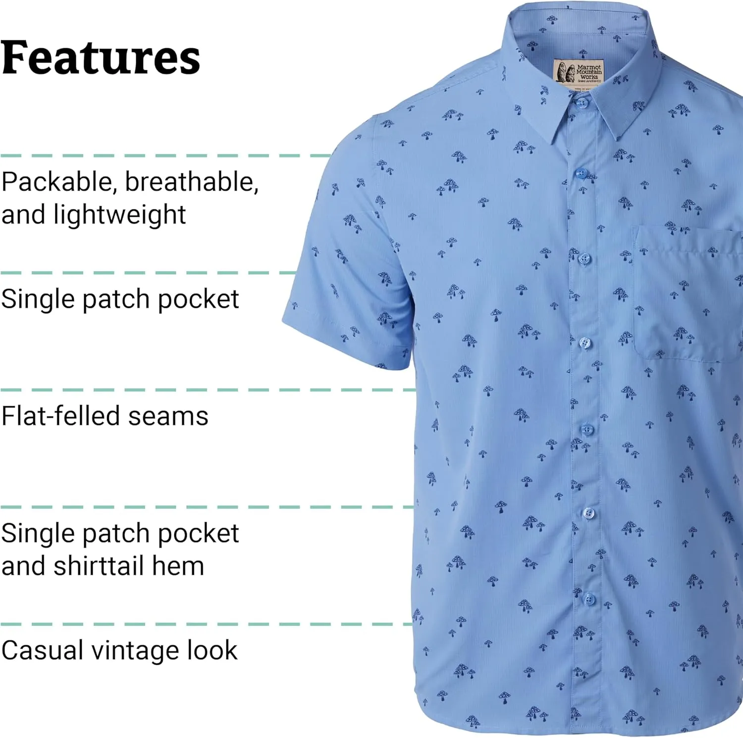 MARMOT Men's Aerobora Short Sleeve Button-Down Shirt - Lightweight, Packable, Quick-Drying UPF Protection