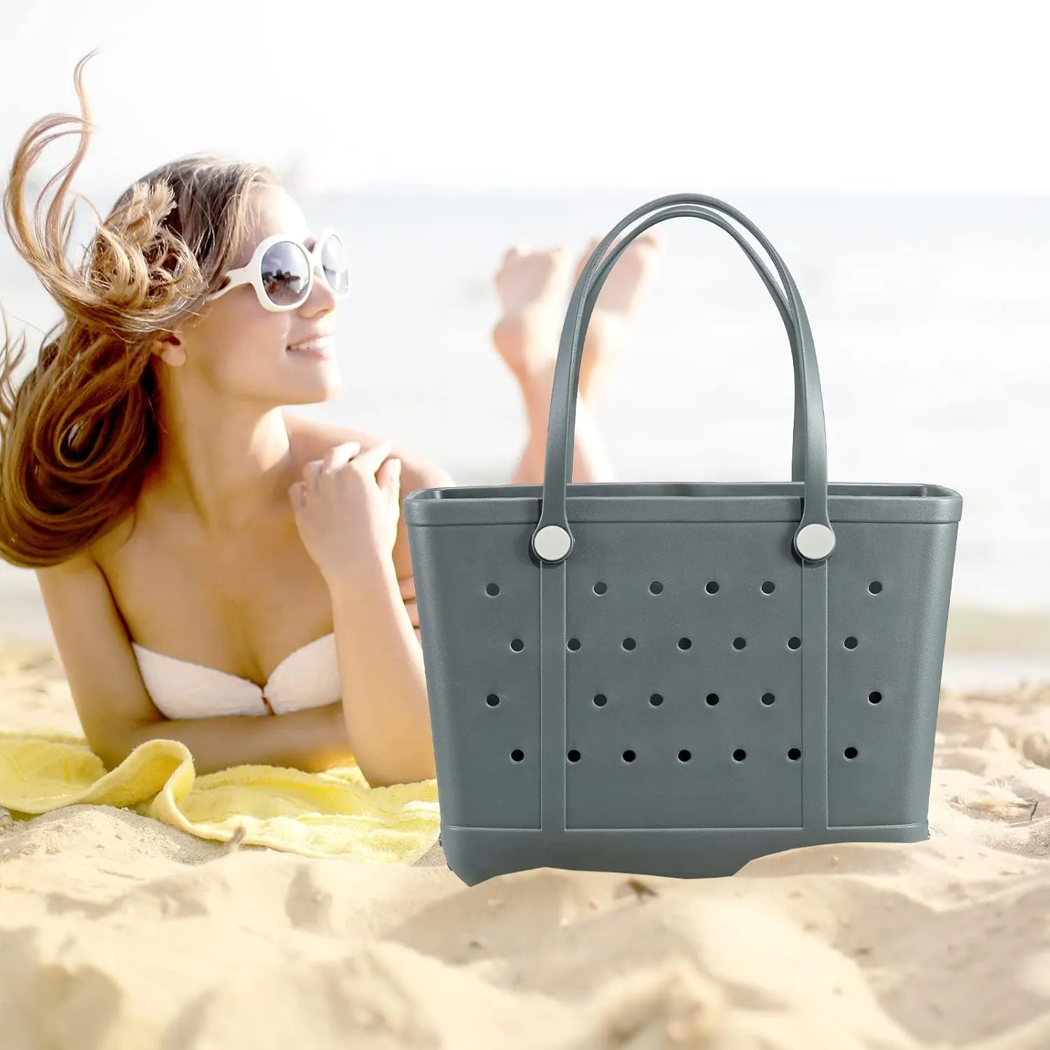 Medium Beach Bag, Waterproof Rubber Beach Bag, Washable Open Tote Bag Durable Tote Travel Bags for Outdoor Sport
