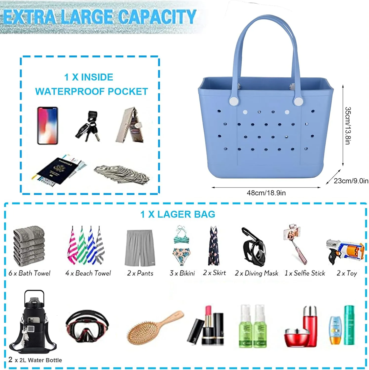 Medium Beach Bag, Waterproof Rubber Beach Bag, Washable Open Tote Bag Durable Tote Travel Bags for Outdoor Sport