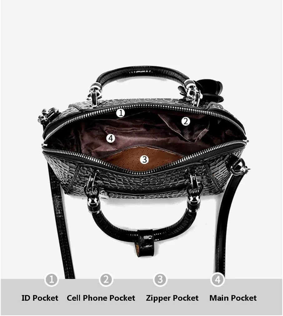Medium Leather Satchel Handbags for Women - Retro Top Handle Crossbody Tote Purses with Zipper (Black)