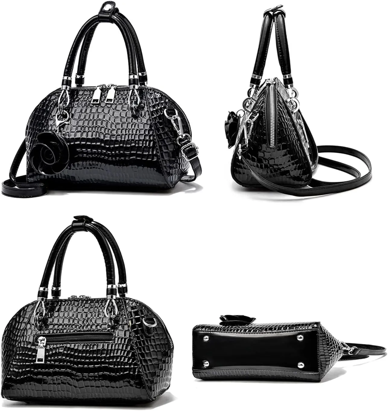 Medium Leather Satchel Handbags for Women - Retro Top Handle Crossbody Tote Purses with Zipper (Black)