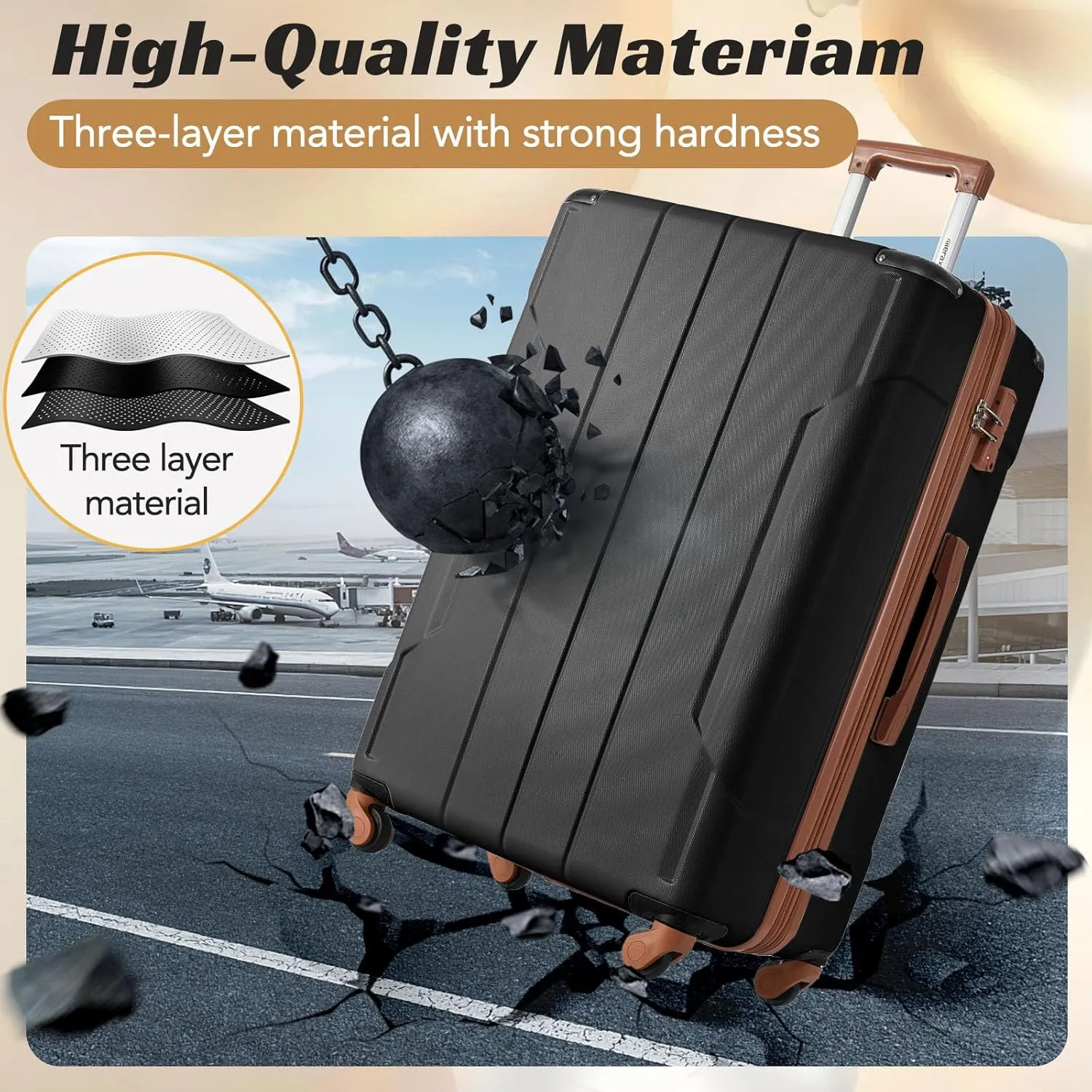 Merax Luggage Set 6 Piece Expandable Lightweight ABS Hardshell Suitcases with Wheels, Corner Guards (Black Brown, 6 piece set)