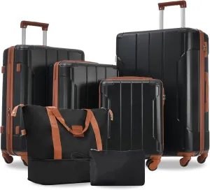 Merax Luggage Set 6 Piece Expandable Lightweight ABS Hardshell Suitcases with Wheels, Corner Guards (Black Brown, 6 piece set)