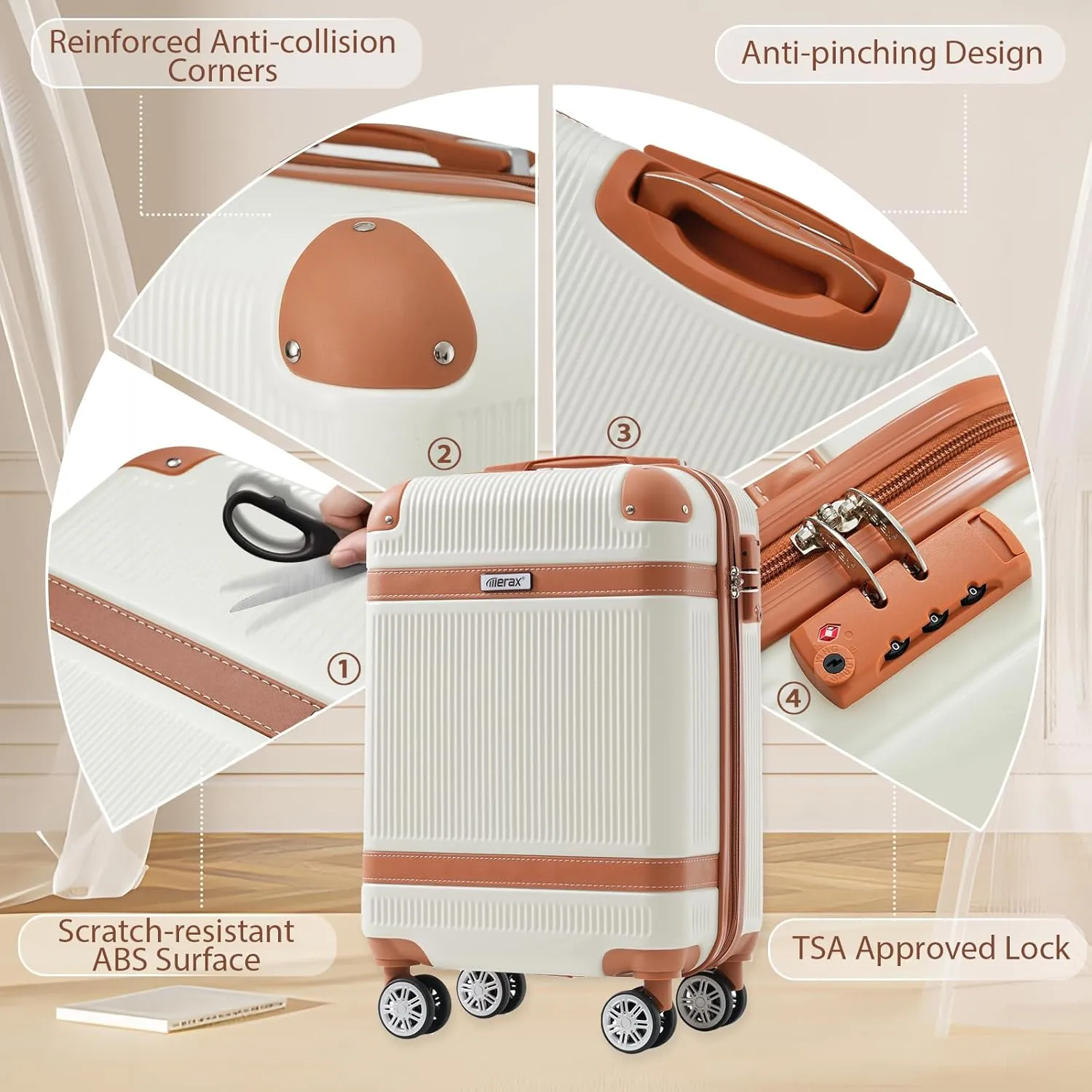 Merax Luggage Sets 3 Piece, 20" Carry On Luggage with TSA Lock, Lightweight Hardshell Travel Suitcase with Spinner Wheels (White)