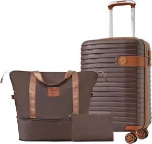 Merax Luggage Sets 3 Piece Carry on Luggage 22x14x9 Airline Approved, ABS Lightweight Hardside Suitcases With Wheels, TSA Lock (Brown, 20 Inch)
