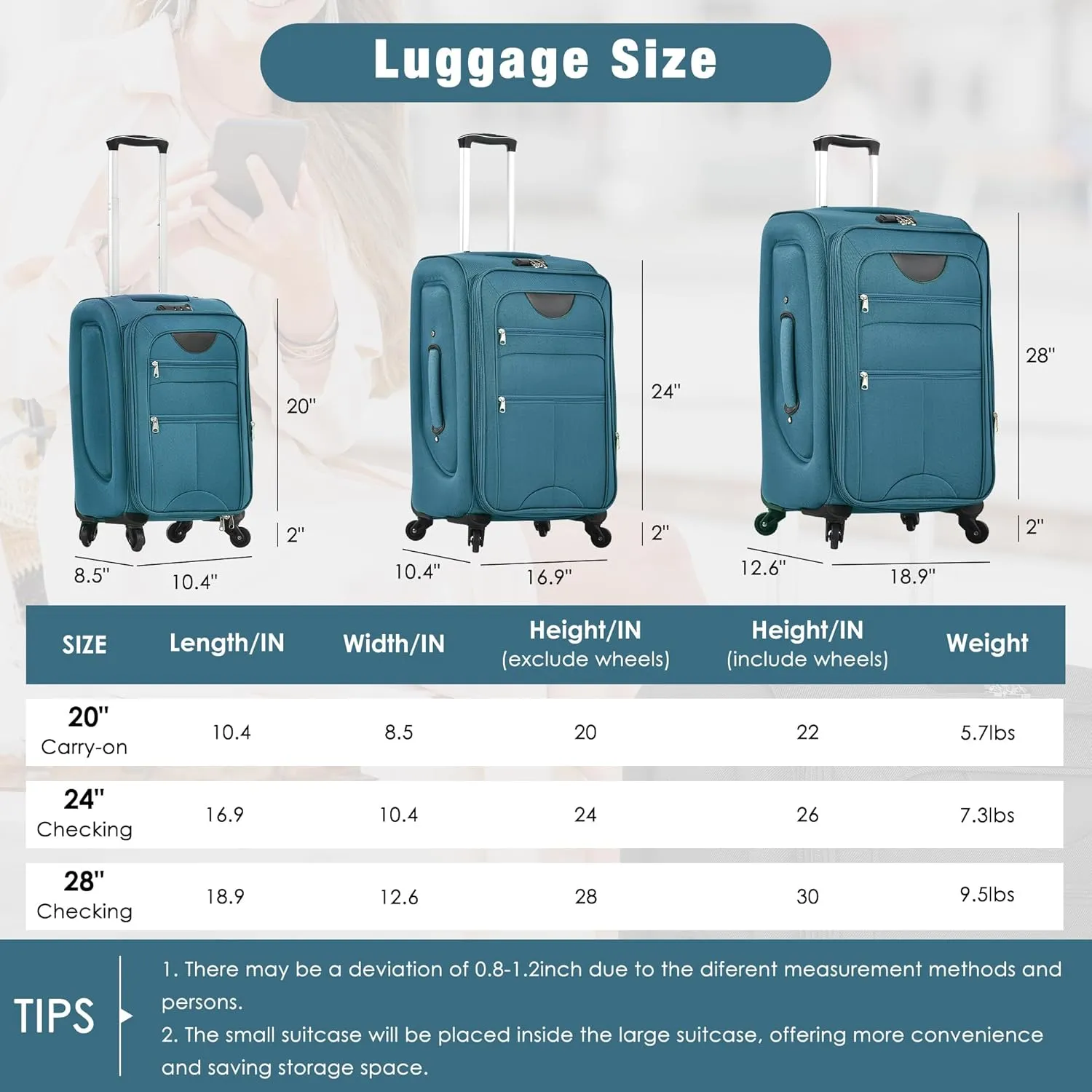 Merax Suitcase Set Softside 3-Piece Expandable Luggage with TSA Lock Spinner Wheels Lightweight Upright Luggage with Travel Bag(22/26/30 IN, Blue Green)