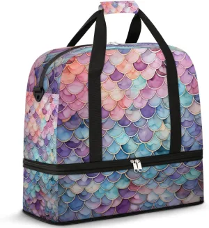 Mermaid Fish Scale Travel Duffel Bag for Women Men Weekender Overnight Bag with Shoe Compartment Foldable Sports Gym Luggage Bag