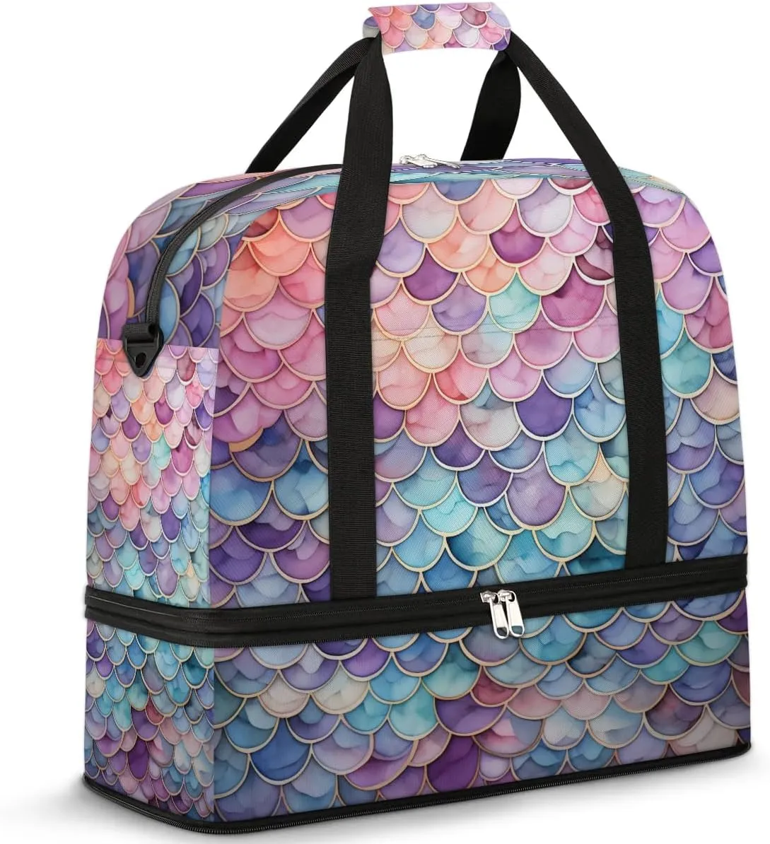 Mermaid Fish Scale Travel Duffel Bag for Women Men Weekender Overnight Bag with Shoe Compartment Foldable Sports Gym Luggage Bag