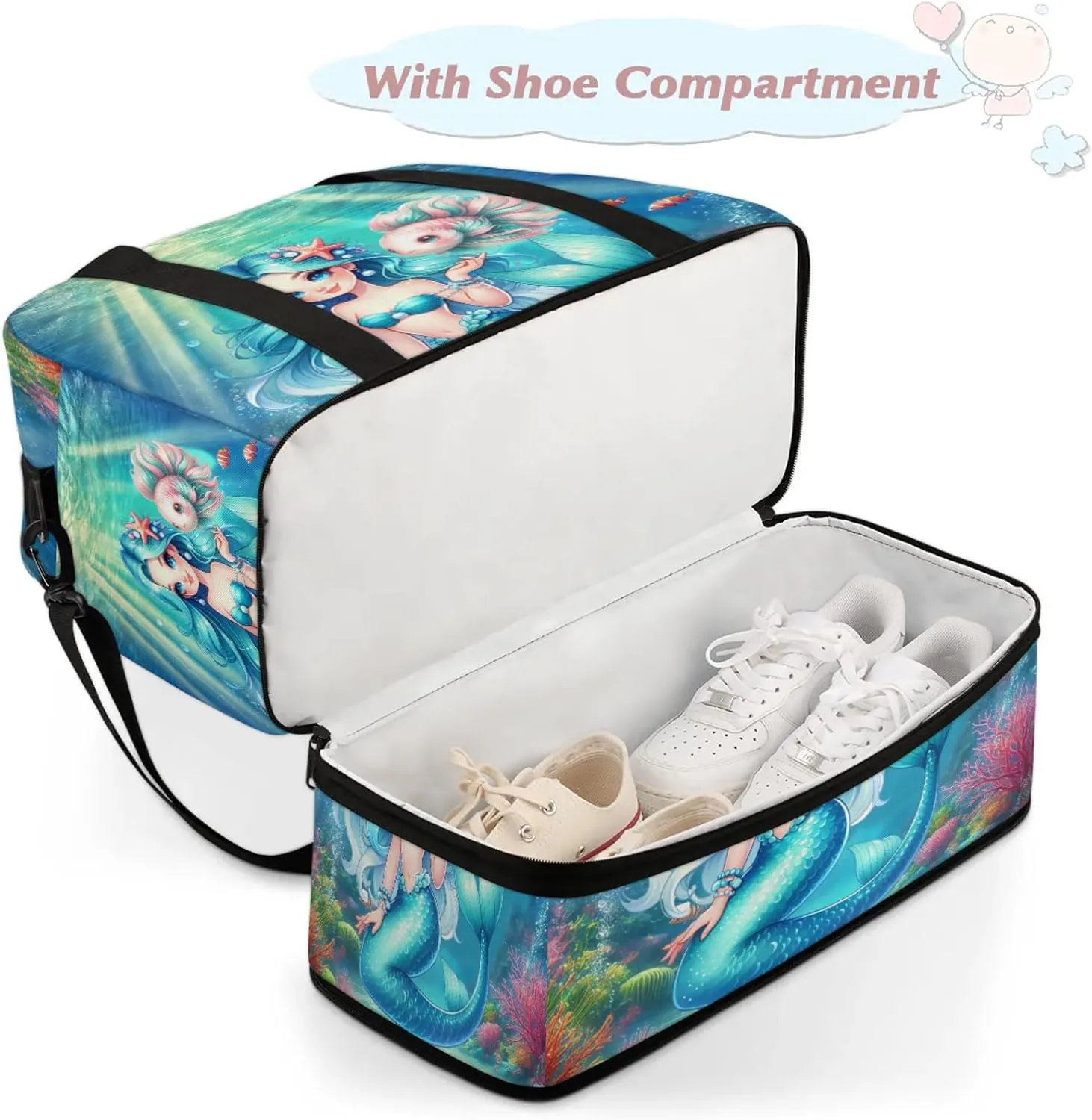 Mermaid Ocean Fish Travel Duffel Bags for Women & Men Large Sports Gym Bags Foldie Weekender Overnight Bag Carry On Tote Bag With Shoe Compartment Personal Item Luggage for Travel Sports Gym