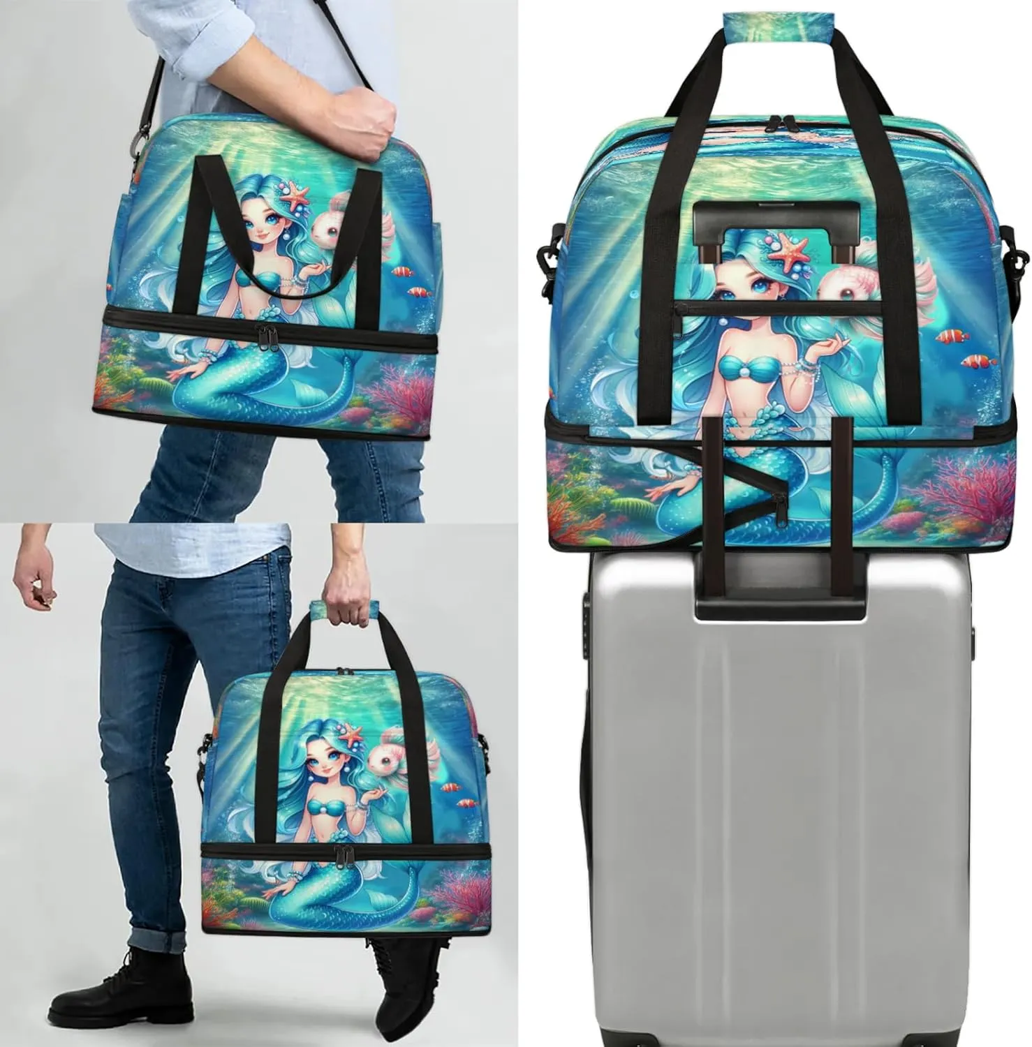 Mermaid Ocean Fish Travel Duffel Bags for Women & Men Large Sports Gym Bags Foldie Weekender Overnight Bag Carry On Tote Bag With Shoe Compartment Personal Item Luggage for Travel Sports Gym