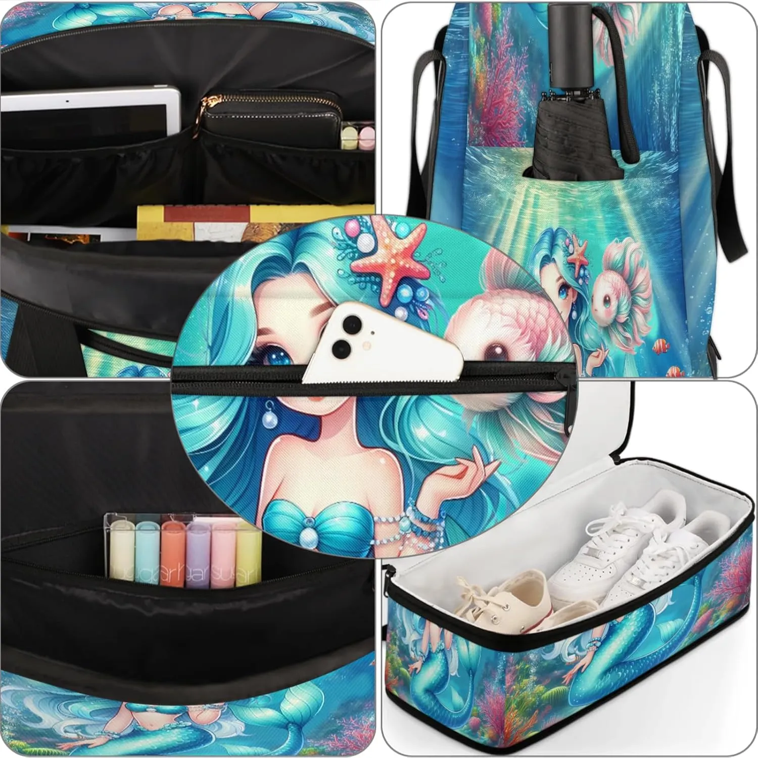 Mermaid Ocean Fish Travel Duffel Bags for Women & Men Large Sports Gym Bags Foldie Weekender Overnight Bag Carry On Tote Bag With Shoe Compartment Personal Item Luggage for Travel Sports Gym