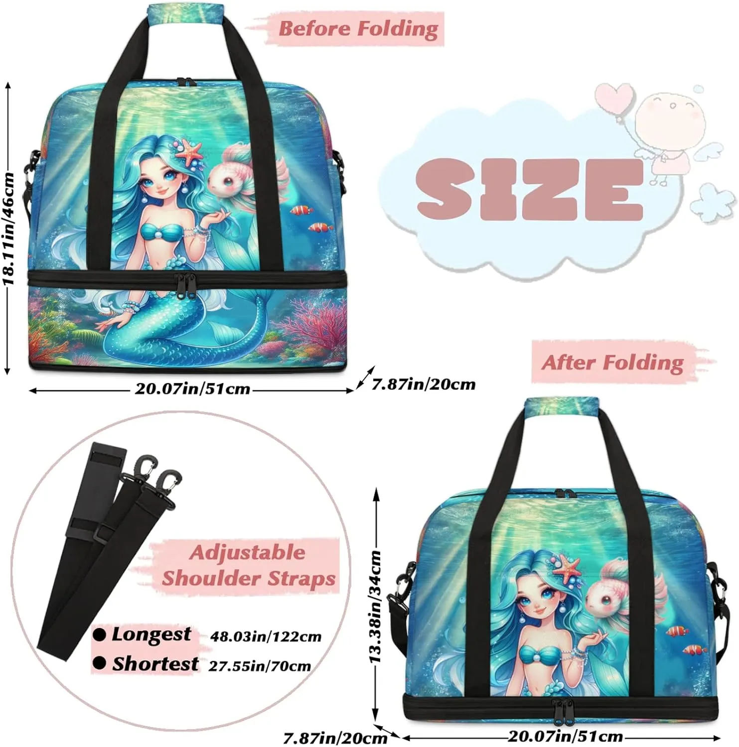 Mermaid Ocean Fish Travel Duffel Bags for Women & Men Large Sports Gym Bags Foldie Weekender Overnight Bag Carry On Tote Bag With Shoe Compartment Personal Item Luggage for Travel Sports Gym