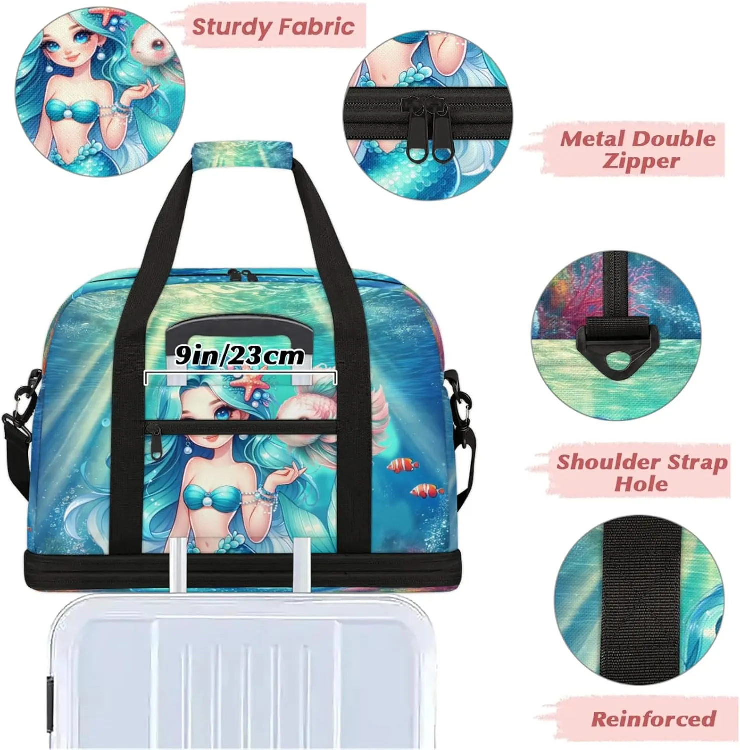 Mermaid Ocean Fish Travel Duffel Bags for Women & Men Large Sports Gym Bags Foldie Weekender Overnight Bag Carry On Tote Bag With Shoe Compartment Personal Item Luggage for Travel Sports Gym