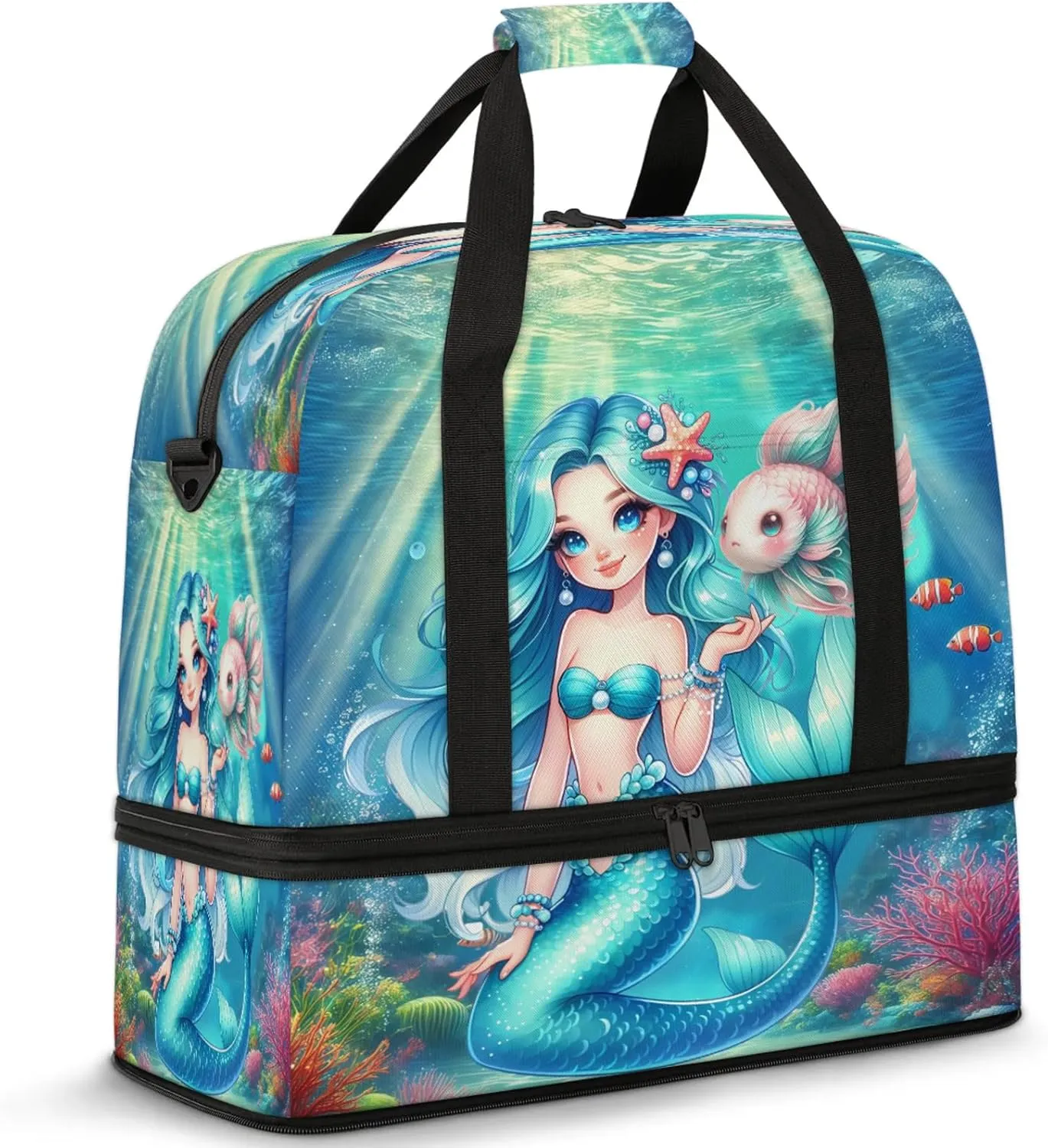 Mermaid Ocean Fish Travel Duffel Bags for Women & Men Large Sports Gym Bags Foldie Weekender Overnight Bag Carry On Tote Bag With Shoe Compartment Personal Item Luggage for Travel Sports Gym
