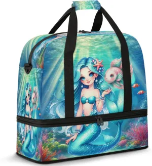 Mermaid Ocean Fish Travel Duffel Bags for Women & Men Large Sports Gym Bags Foldie Weekender Overnight Bag Carry On Tote Bag With Shoe Compartment Personal Item Luggage for Travel Sports Gym