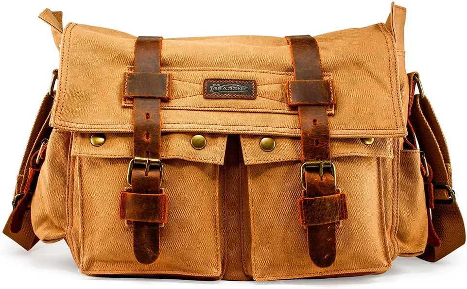 Messenger Bag for Laptop Vintage Canvas Leather Crossbody Satchel Shoulder Computer Bag Travel Office Messenger Bag