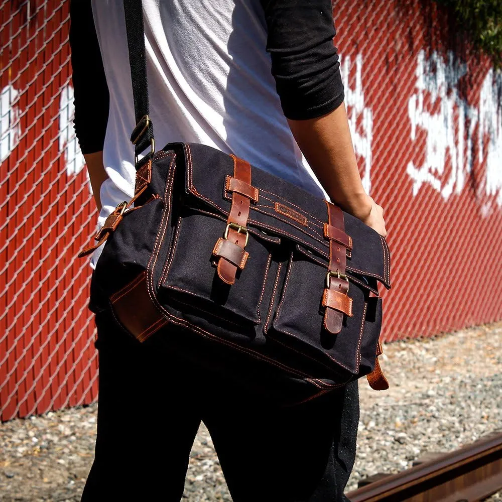Messenger Bag for Laptop Vintage Canvas Leather Crossbody Satchel Shoulder Computer Bag Travel Office Messenger Bag