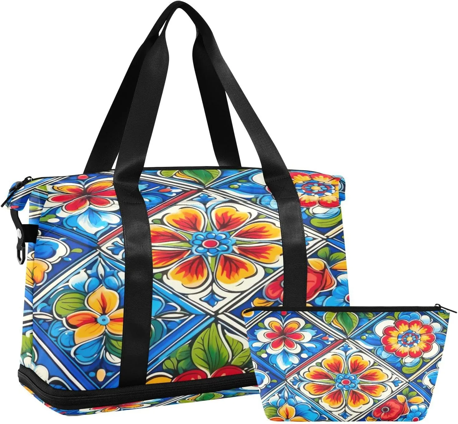 Mexican Ceramic Tile Sports Gym Bag,Travel Duffel bag with Wet Pocket & Shoes Compartment Lightweight Waterproof Overnight Bag for Men Women